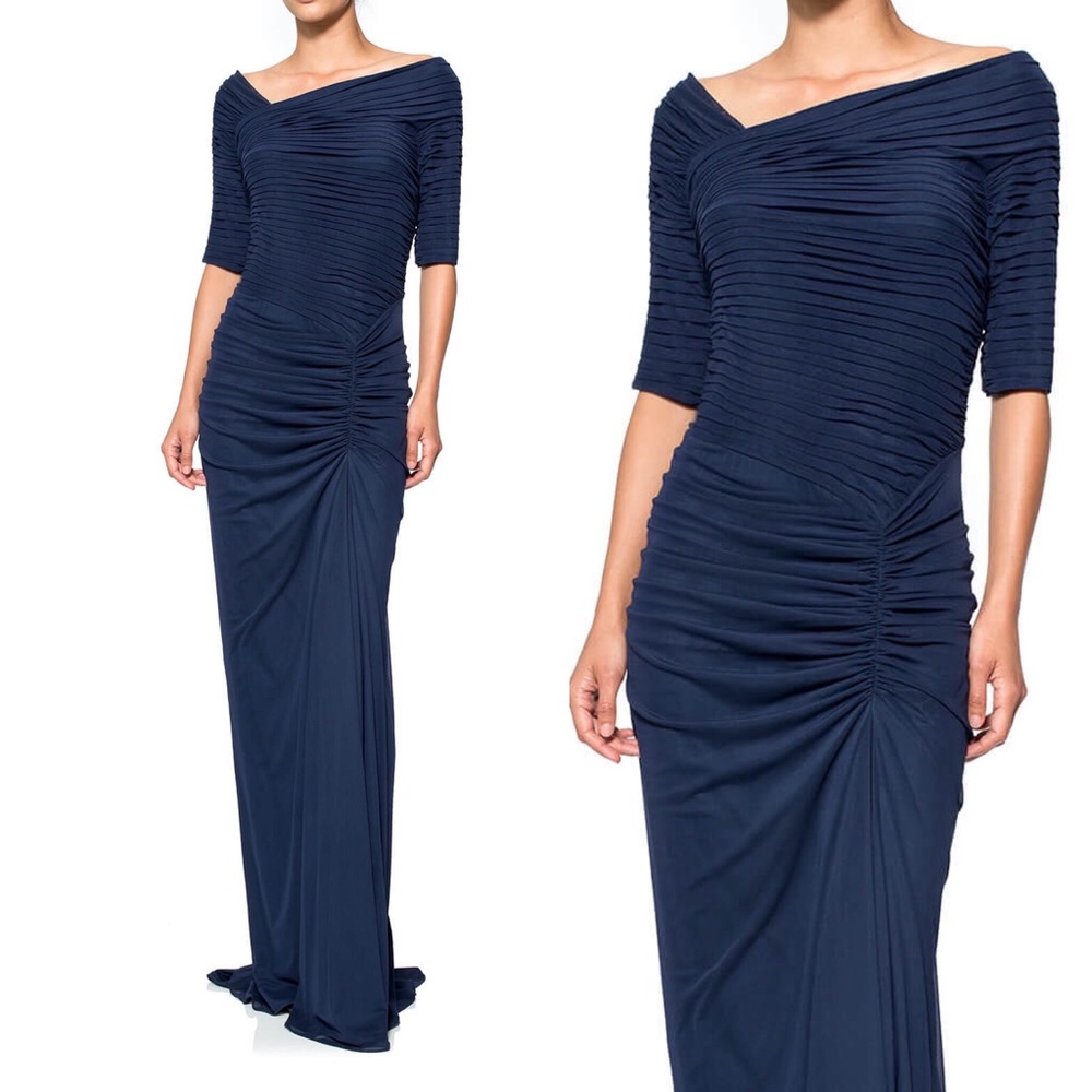 Tadashi Shoji Asymmetrical Ruched Mesh Gown